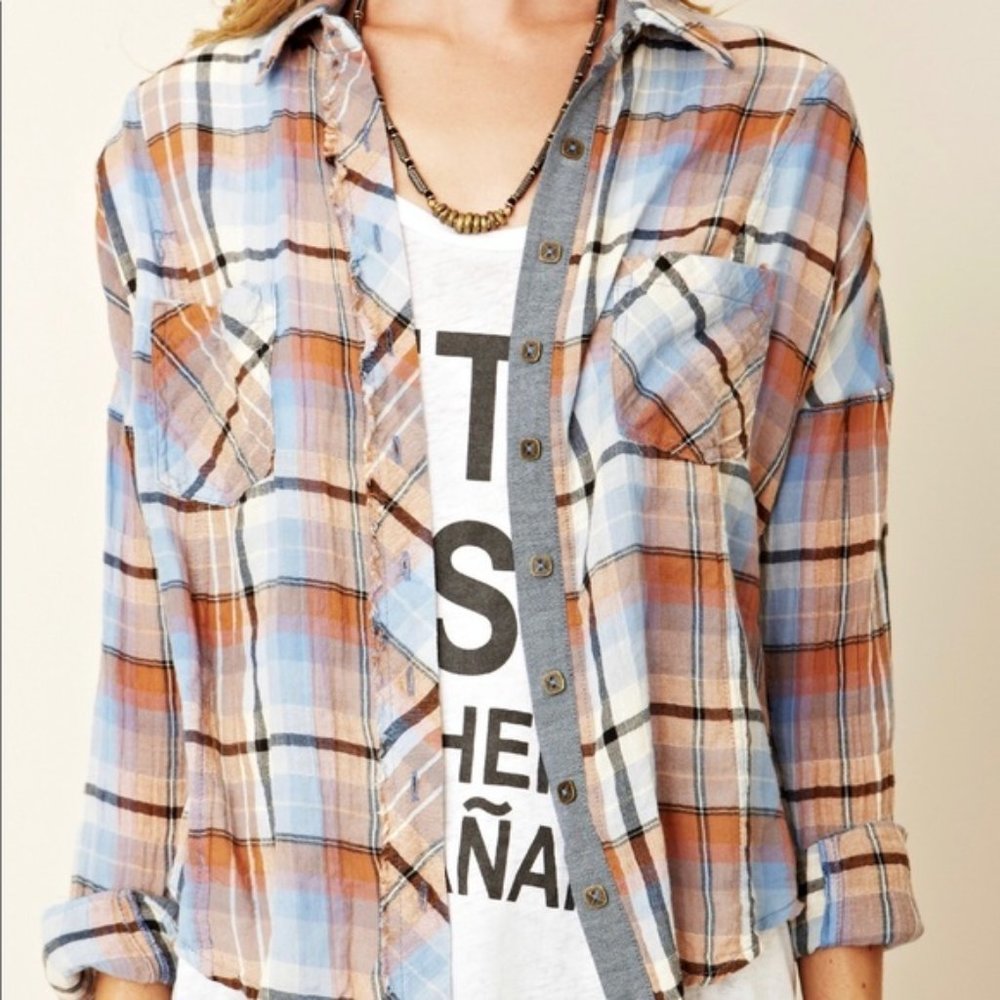 We The Free | Flyaway Plaid Chambray Cotton Shirt Size XS - Picture 3 of 9